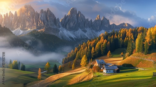 Vibrant sunrise over stunning dolomite landscape - santa maddalena, italy - majestic peaks and rolling hills in golden light - scenic beauty of italian countryside - picturesque alpine scene photo