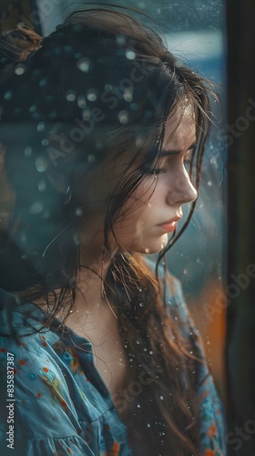 A beautiful girl with long brown hair is looking out the window  lost in thought.