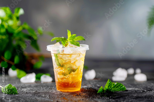 Refreshing iced mint tea in a plastic cup with fresh mint leaves, set against a blurred green background.