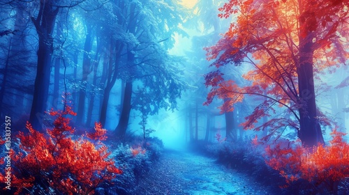 Beautiful mystical forest with enchanted trees in blue fog and vibrant autumn leaves on dreamy path © Ashi