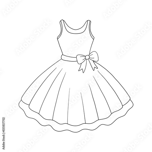 Dress with fluffy skirt outline for coloring on a white background