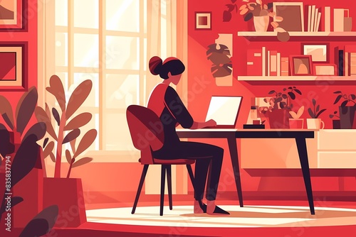 worker sitting in office computer, flat vector illustration, worker scene for online platform products and services.