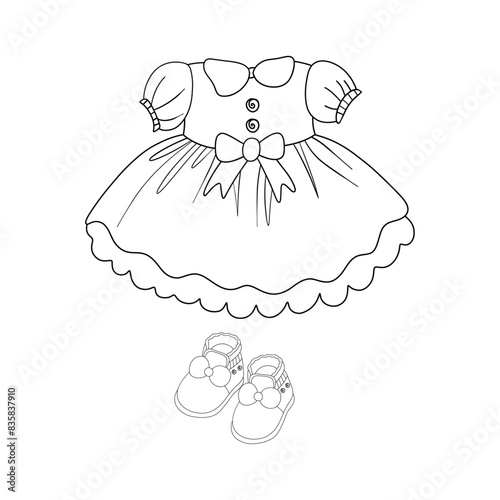 Beautiful dress with fluffy skirt and shoes outline for coloring on a white background