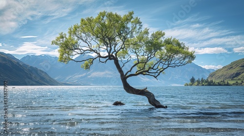 Fototapeta Naklejka Na Ścianę i Meble -  Serene tree growing in the tranquil waters of lake wanaka, new zealand, captured during sunset with reflective sky