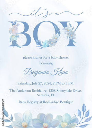 Elegant blue Watercolor baby boy shower invitation