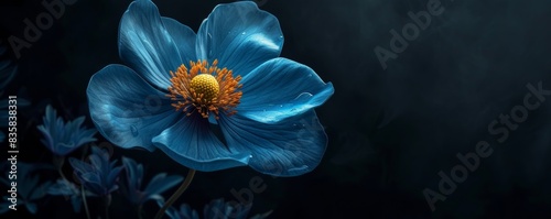 Blue poppy flower with water droplets on a dark background photo