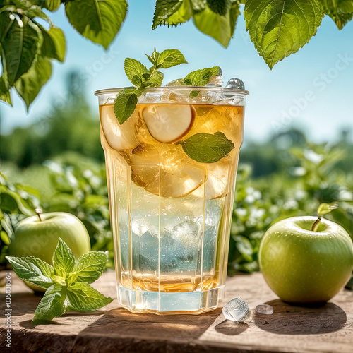Glass of apple juice on table outdoors
 photo