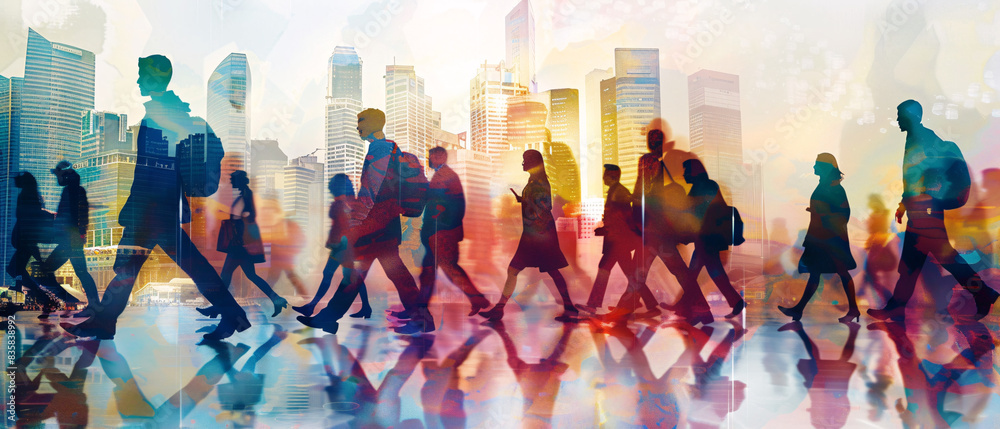 Naklejka premium People walking on a busy city street with colorful reflections
