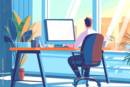 worker sitting in office computer, flat vector illustration, worker scene for online platform products and services.