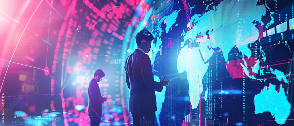 Obraz premium Futuristic business people using technology to analyze global markets