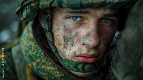 Portrait of a young soldier with blue eyes and a dirty face photo