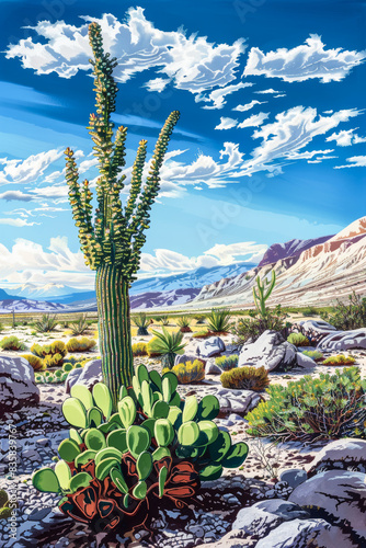 American Desert Vegetation. Generated image. A digital illustration of a beautiful painting of a century plant in the American desert.