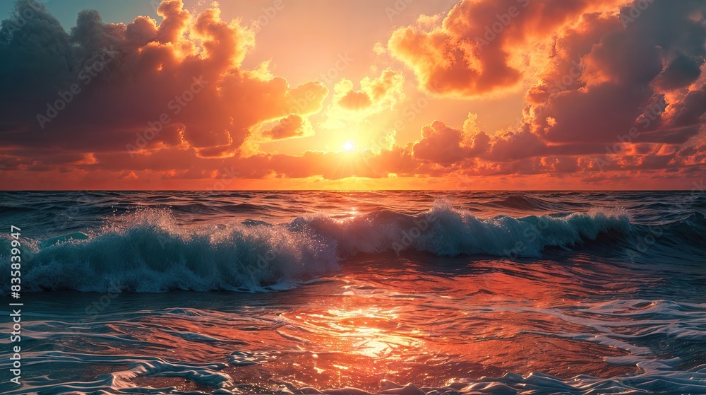 A dramatic sunset with a golden sky and clouds, casting a warm glow on the wavy sea A dramatic sunset with a golden sky and clouds, casting a warm glow on the wavy sea