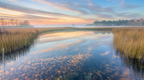 A tranquil marshland at dawn with a clear pond  the sky s soft colors and surrounding reeds perfectly reflected in the water.