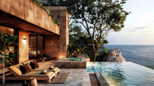Calm outdoor scene of aman style raw material finish hotel villa in an the mexican tropics with a plunge pool and ocean views