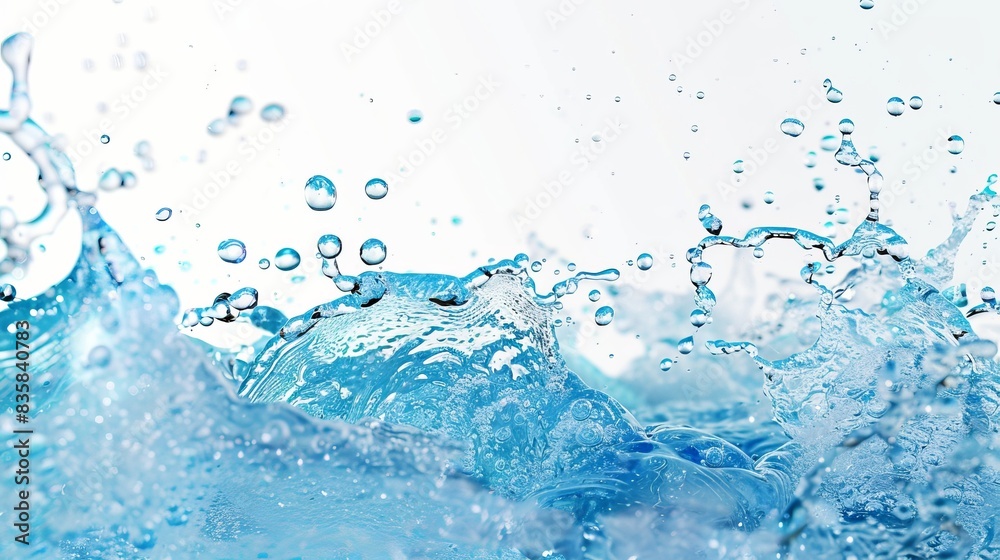 Close-up image of blue water splashing with bubbles against a white background Close-up image of blue water splashing with bubbles against a white background