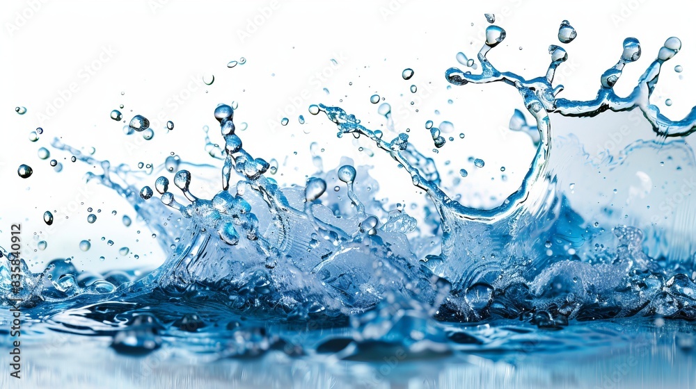 Close-up image of blue water splashing with bubbles against a white background Close-up image of blue water splashing with bubbles against a white background
