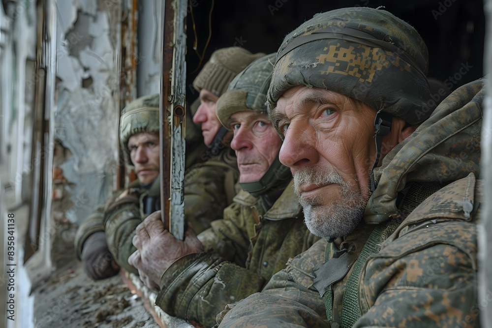 A group of men in military uniform look out of a window A group of men in military uniform look out of a window