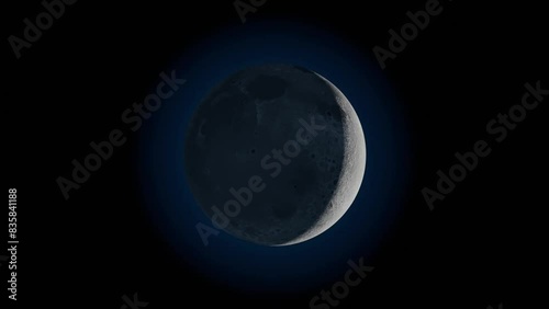 Earth night lunar phases animated, from full moon to crescent and half to new moon. Craters visible. Looping astronomical space 3d render animation. Not accurate, but artistic video