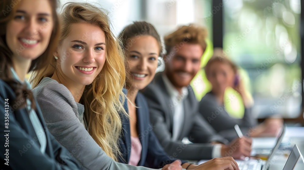 A group of business professionals sitting in a meeting and smiling at the camera A group of business professionals sitting in a meeting and smiling at the camera