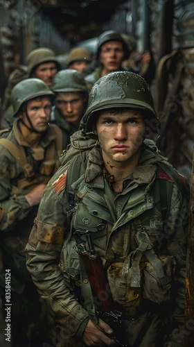 A soldier looks out from a foxhole during World War II.