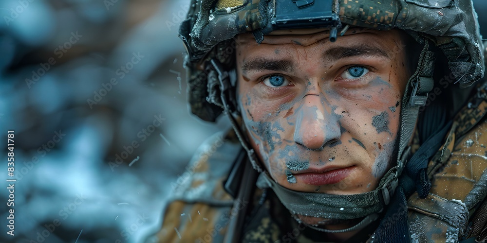 Portrait of a soldier with blue eyes and a camouflage helmet Portrait of a soldier with blue eyes and a camouflage helmet