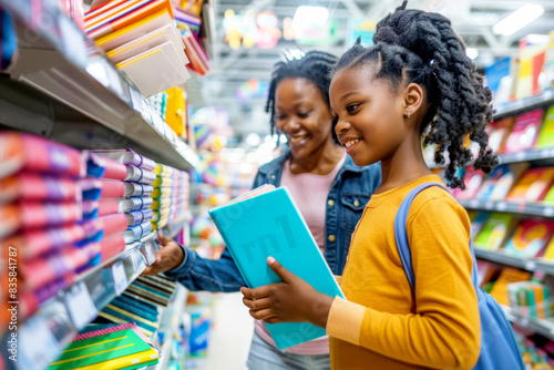 Smiling mother and daughter selecting school supplies in a store, surrounded by colorful stationery.