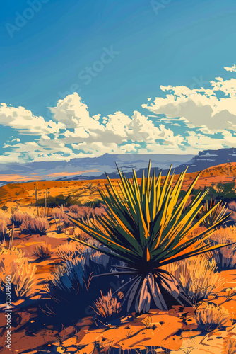 American Desert Vegetation.  Generated image.  A digital illustration of a beautiful painting of a century plant in the American desert. photo