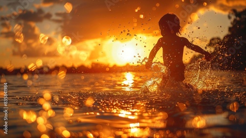 A child is splashing in the water at sunset