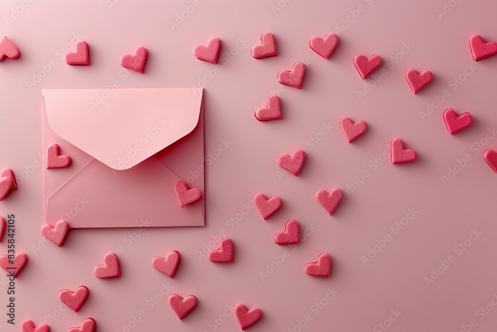 Pink Valentine's flat lay with a love letter envelope and scattered paper craft hearts, plenty of copy space for adding personal notes Pink Valentine's flat lay with a love letter envelope and scattered paper craft hearts, plenty of copy space for adding personal notes