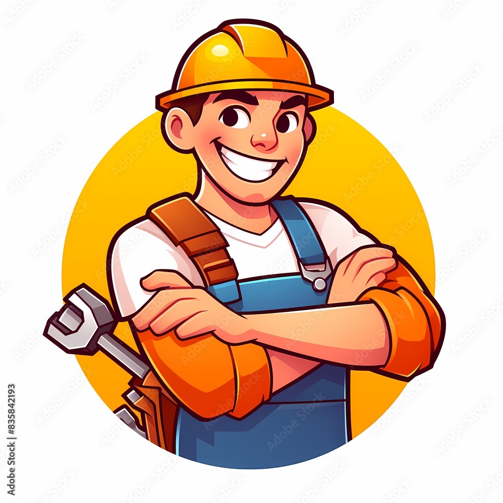 Logo of happy smiling worker wearing hat, simple flat character design, isolated white background, Logo of happy smiling worker wearing hat, simple flat character design, isolated white background,