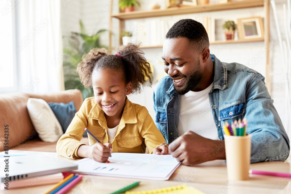 Smiling father helping his daughter with her homework at home, enjoying quality time together. Smiling father helping his daughter with her homework at home, enjoying quality time together.