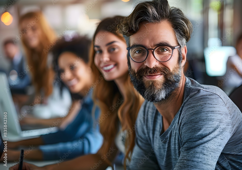 portrait of a smiling man with a beard and glasses in a group of people portrait of a smiling man with a beard and glasses in a group of people