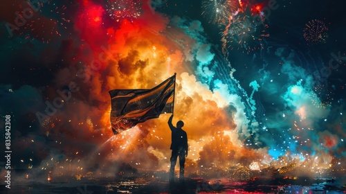 A man is holding a flag in a colorful, fiery sky photo
