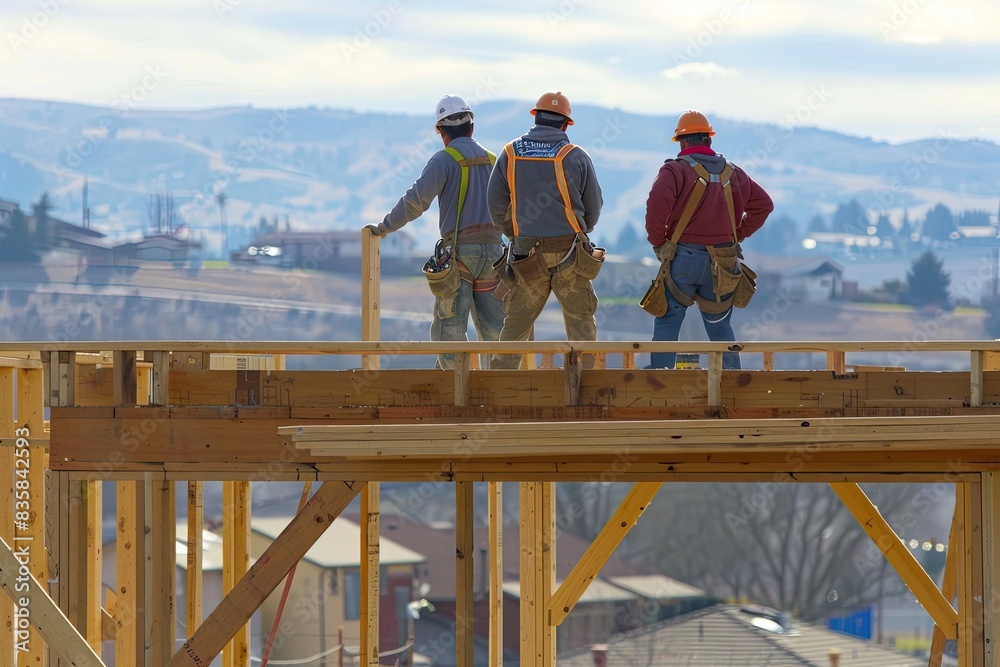 Construction workers wearing safety gear working on building a wooden roof structure under a bright sky, showcasing teamwork and progress. Construction workers wearing safety gear working on building a wooden roof structure under a bright sky, showcasing teamwork and progress.
