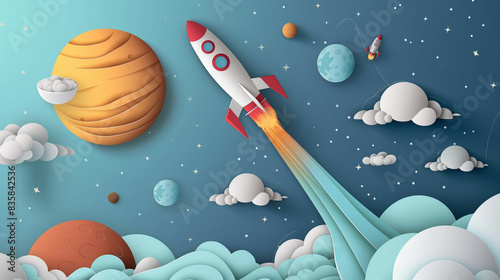 Paper Cutout Art Style Rocket Flying in Space, Start Up Concept, Design Banner Template Flat-Style Cector illustration