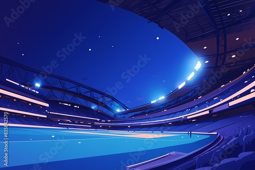 stadium in a colossal scale, in flat style of vector illustration, wide scale, green grass field, and lights shining