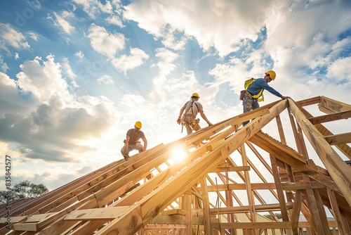 Construction workers wearing safety gear working on building a wooden roof structure under a bright sky, showcasing teamwork and progress.