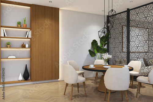 3d render of interior scandinavian living and dining room mock up with cnc  screen and hanging lamp. Light gray wall  wood parquet and white ceiling. Set 10