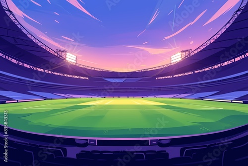 stadium in a colossal scale, in flat style of vector illustration, wide scale, green grass field, and lights shining