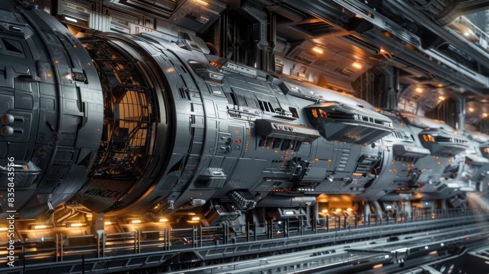 The spaceship's side is sliced open, revealing each ship. The spaceship's side is sliced open, revealing each ship.