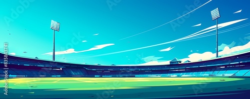 stadium in a colossal scale, in flat style of vector illustration, wide scale, green grass field, and lights shining