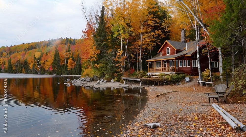 Fototapeta premium Autumn landscape in quebec cottage country with vibrant golden leaves and colorful foliage