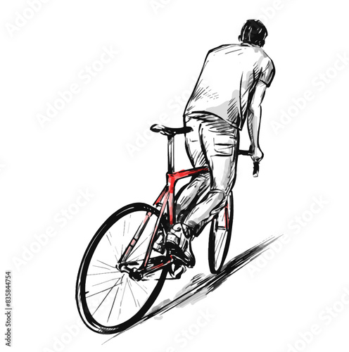 Drawing of a boy skid the red fixed gear bicycle 