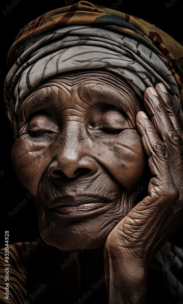 Old black woman crying. Closeup portrait Old black woman crying. Closeup portrait