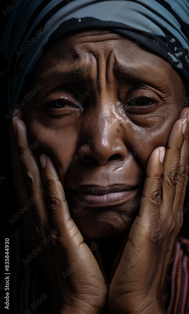 Old black woman crying. Closeup portrait Old black woman crying. Closeup portrait