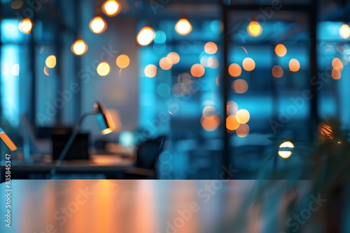 Blurred office interior background with a blurred desk and window light bokeh, a working space in the style of a modern business center for presentation or meeting.