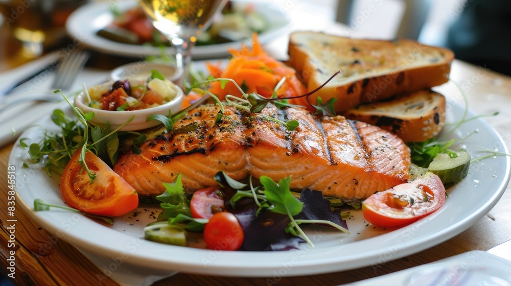 Salmon vegetables and salad on a white plate with a toast sandwich Salmon vegetables and salad on a white plate with a toast sandwich