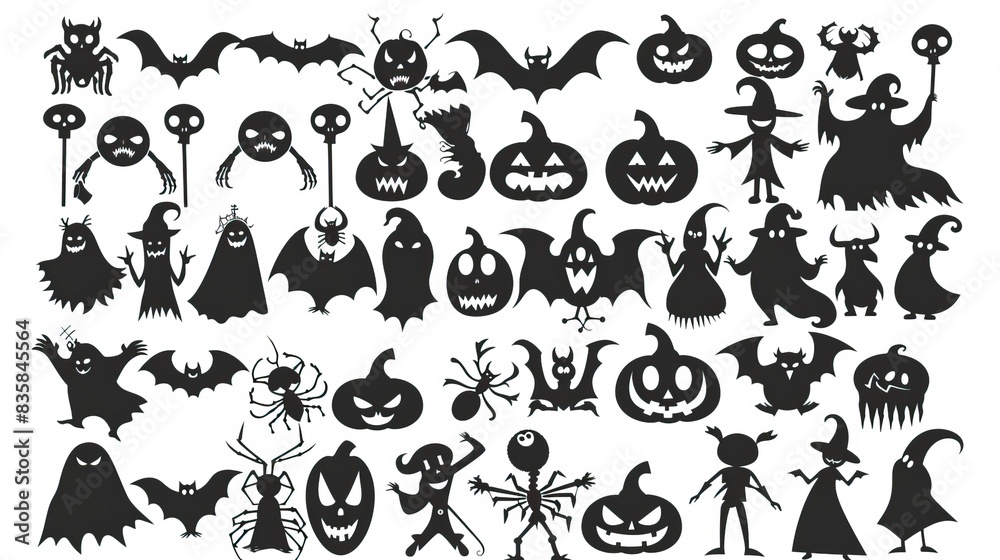Big Set of halloween silhouettes black icon and character. Vector illustration. Isolated on white background Big Set of halloween silhouettes black icon and character. Vector illustration. Isolated on white background