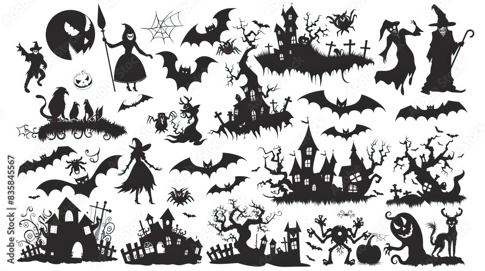 Big Set of halloween silhouettes black icon and character. Vector illustration. Isolated on white background Big Set of halloween silhouettes black icon and character. Vector illustration. Isolated on white background